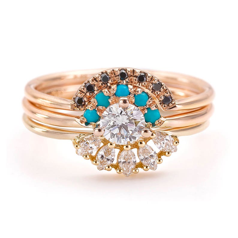 Turquoise Wedding Ring Set Three Rings Wedding Set Turquoise Etsy