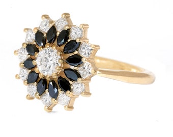 Flower Diamond Cluster Ring - Black and White Diamond Engagement Ring