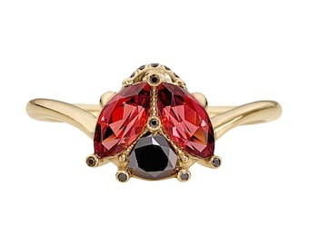Ladybug Red Garnet & Black Diamond Ring