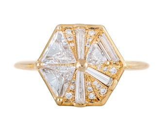 Hexagon Engagement Ring with Cluster of Diamonds