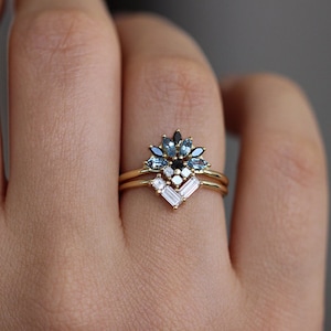 Aquamarine And Diamond Cluster Ring, Aquamarine Engagement Ring, Black Diamond Ring, Marquise Ring, Princess Cut Engagement Ring image 6