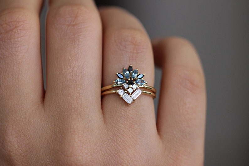 Aquamarine And Diamond Cluster Ring, Aquamarine Engagement Ring, Black Diamond Ring, Marquise Ring, Princess Cut Engagement Ring image 6