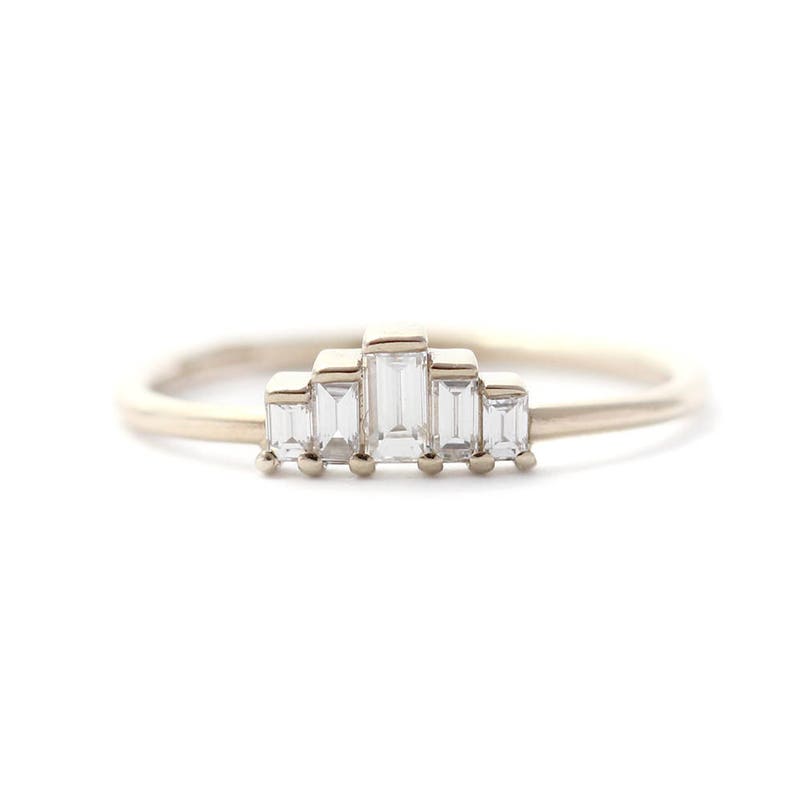 Baguette Engagement Ring, Art Deco Engagement Ring, Baguette Diamond Ring, Five Diamonds Ring, Art Deco Baguette Ring, Diamond Crown Ring image 2