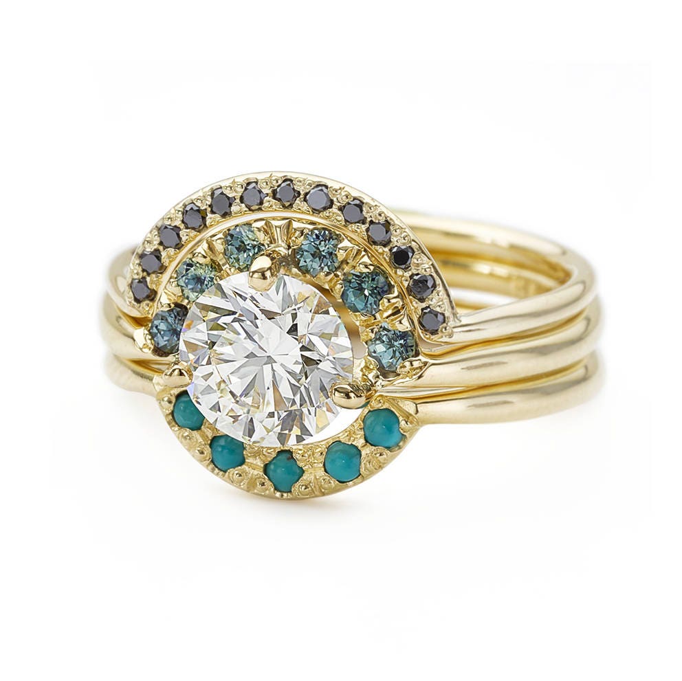 Boho Wedding Ring Set Teal Sapphire Ring One Carat Diamond Etsy