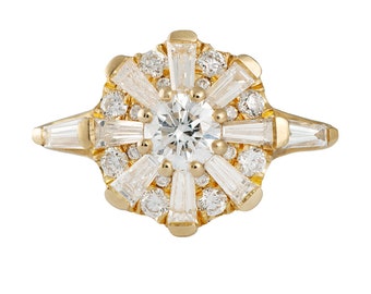 Diamond Halo Ring - The Sun Temple Ring with Tapered Baguette Halo