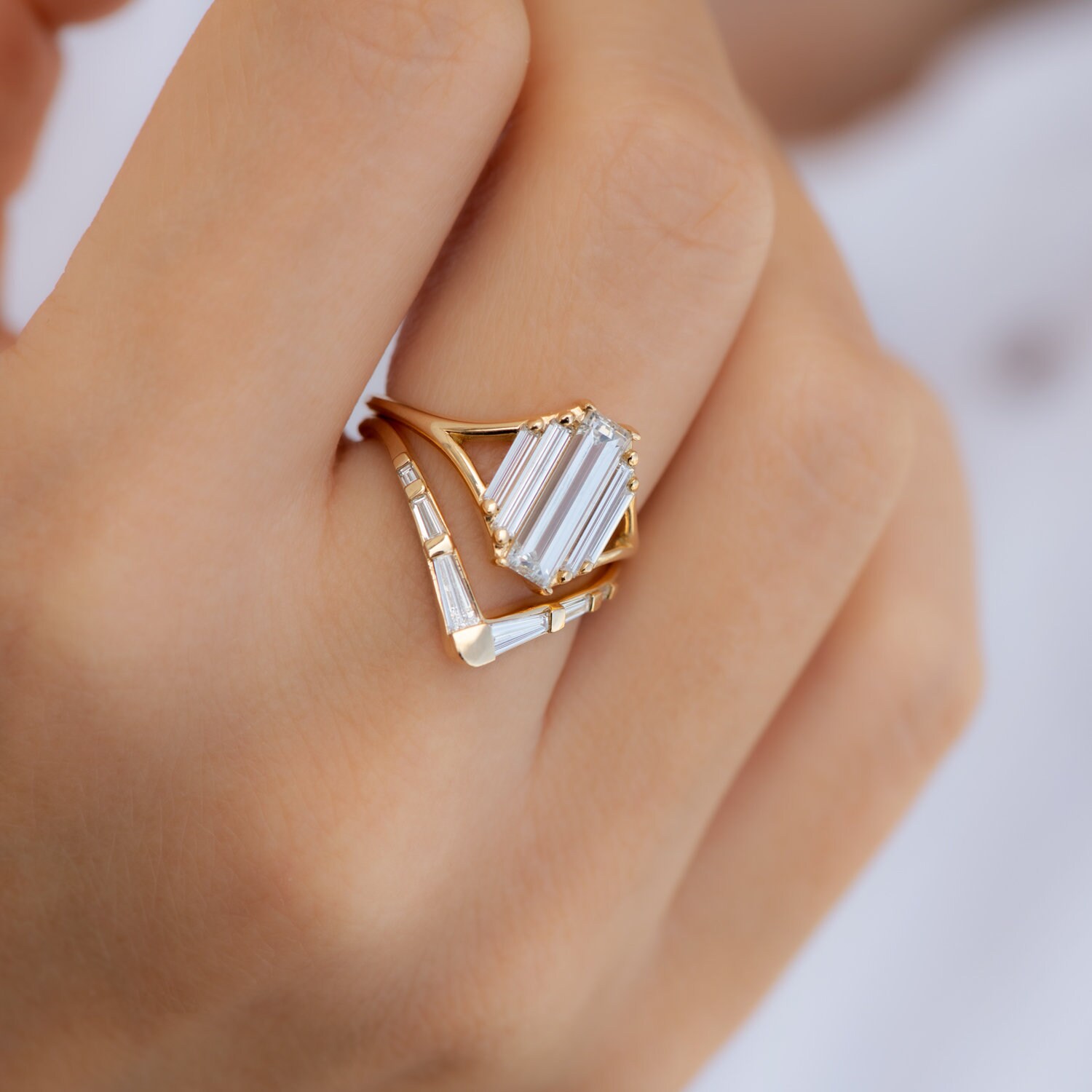 Chevron Curved Ring With Tapered Baguette Diamonds Etsy