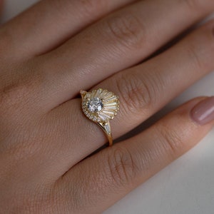 Vintage Art Deco Ring Baguette Crown Cluster Engagement Ring image 3