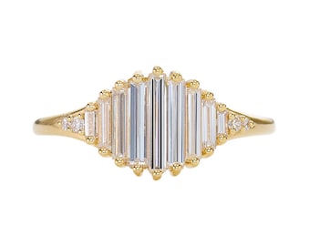 Deco Engagement Ring with Needle Baguette Diamonds - Pond of Light Ring