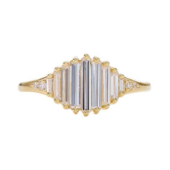 Deco Engagement Ring With Needle Baguette Diamonds Pond of Light