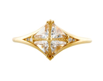 Detailed Star Engagement Ring with Triangle Diamonds