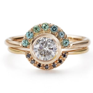 Salt And Pepper Diamond Ring, Gray Diamond Engagement Ring, Wedding Ring Set, Nesting Wedding Ring, Teal Sapphire Ring, Diamond Crown Ring