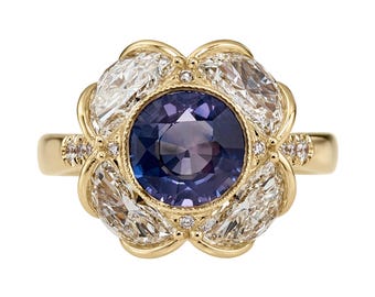 Engagement Ring with Indigo Sapphire & Half Moon Diamonds - Bellflower