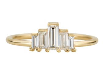 Art Deco Engagement Ring, Baguette Engagement Ring, Five Diamonds Ring, Baguette Diamond Ring, Baguette Diamond Band, Art Deco Baguette Ring
