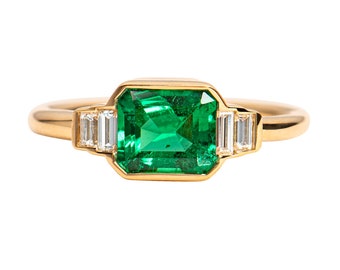 Bague de fiançailles Art déco Emerald avec diamants Baguette