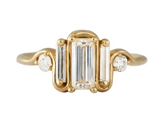 Triple Baguette Diamond Engagement Ring - Fluid Gold Wave Ring