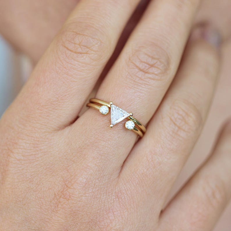 Half Carat Trillion Diamond, Trillion Diamond Ring Set, Triangle Wedding Set, Open Diamond Ring, Minimalist Engagement Ring, Horseshoe Ring image 1