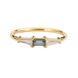 Minimalist Diamond and Teal Sapphire Ring - Sapphire Wedding Ring
