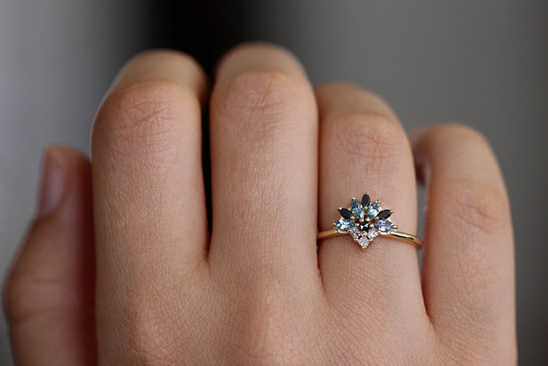 Aquamarine And Diamond Cluster Ring, Aquamarine Engagement Ring, Black Diamond Ring, Marquise Ring, Princess Cut Engagement Ring image 7