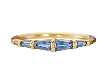 Blue Sapphire Tapered Baguette Gold Bar Ring