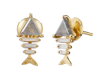 Gold Fish Bone Earrings with Triangle and Baguette Cut Diamond