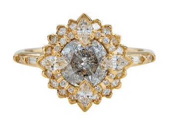 Golden Lotus Engagement ring with Grey and White Diamonds