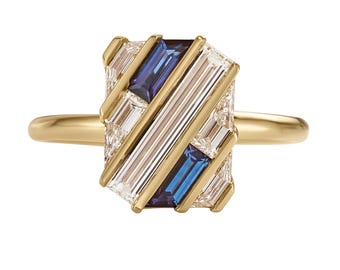 Quilted Lab Grown Diamond & Sapphire Gold Bar Engagement Ring
