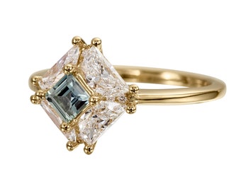 Giza Carre Teal Sapphire & Half Moon Diamond Engagement Ring