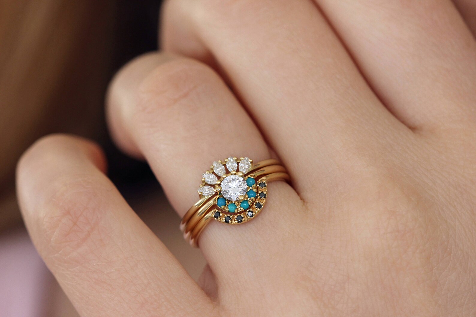 Turquoise Wedding Ring Set Three Rings Wedding Set Turquoise Etsy