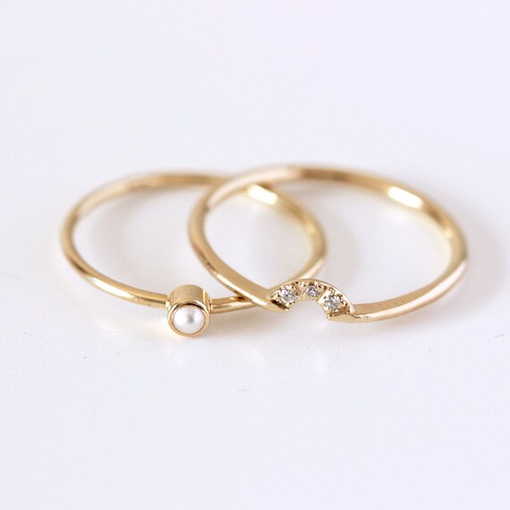 Wedding Ring Set Pearl Wedding Ring Seed Pearl Ring Dainty Etsy