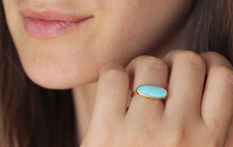 Gold Turquoise Ring, Oval Turquoise Ring, Boho Jewelry, Bezel Set Ring, Large Turquoise Ring, December Birthstone Ring image 4