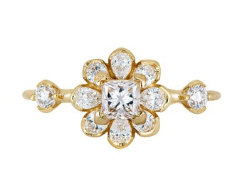 Flower Diamond Engagement Ring with Pear Cut Diamond Petals