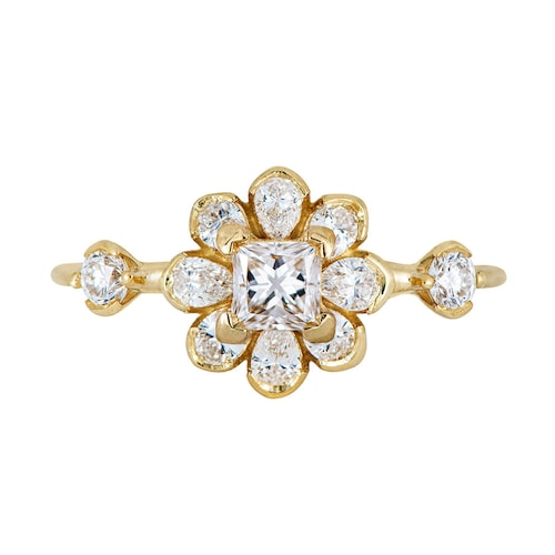 Flower Diamond Engagement Ring With Pear Cut Diamond Petals Etsy
