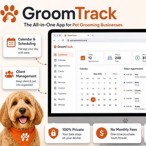 GroomTrack - Strumento di monitoraggio dell'attività di toelettatura per animali domestici / Agenda clienti offline (App digitale)