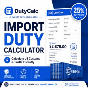DutyCalc Calcolatore di dazi di importazione USA / Costo di sbarco, tariffe, app per la ricerca di codici HTS