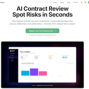 Puede incluir: Una interfaz de sitio web para Contract Review con el titular AI Contract Review Spot Risks in Seconds, un botón verde etiquetado como Analyze Your First Contract Free y una pantalla de panel que muestra métricas y un gráfico de barras colorido.