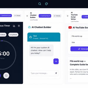 May include: A digital interface displaying three distinct software tools: a Pomodoro Focus Timer with a 25:00 countdown, an AI Chatbot Builder with a sample conversation window, and an AI YouTube Script Writer with input fields for topic and location.