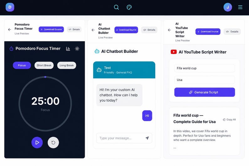 May include: A digital interface displaying three distinct software tools: a Pomodoro Focus Timer with a 25:00 countdown, an AI Chatbot Builder with a sample conversation window, and an AI YouTube Script Writer with input fields for topic and location.