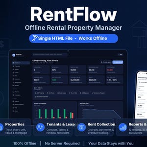 May include: A digital dashboard interface titled RentFlow Offline Rental Property Manager displayed on a laptop and smartphone screen. The dark-themed UI features financial metrics, property data, bar charts, and line graphs for rental management.