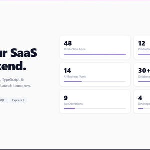 May include: A Dappora Bundle digital interface featuring the text Build your SaaS in a weekend. It lists 48 full-stack apps with React 19, TypeScript, and PostgreSQL. The layout includes six white cards displaying counts for production apps, productivity tools, AI business tools, database tables, business operations, and developer tools.