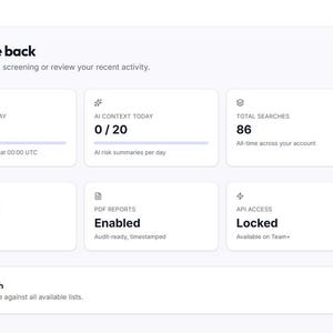 K&ouml;nnte beinhalten: Eine digitale Dashboard-Oberfl&auml;che mit dem Titel SanctionsScreening, die eine Willkommensnachricht, Benutzerkontodetails und verschiedene Metriken anzeigt, einschlie&szlig;lich der heutigen Suchanfragen, Gesamtsuchanfragen und Einstellungen.