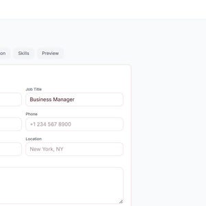 May include: A digital portfolio builder interface featuring a white form with fields for personal information including full name, job title, email, phone, website, location, and summary. The top navigation includes tabs for profile, experience, education, skills, and preview.
