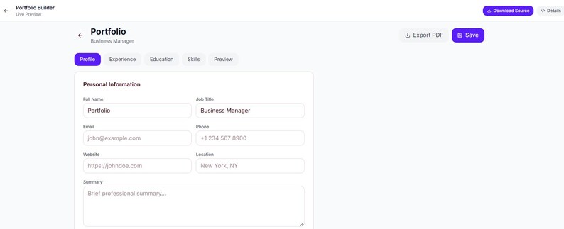 May include: A digital portfolio builder interface featuring a white form with fields for personal information including full name, job title, email, phone, website, location, and summary. The top navigation includes tabs for profile, experience, education, skills, and preview.