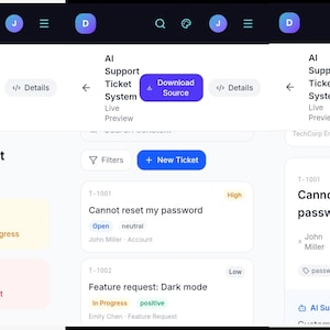 May include: A digital interface for an AI Support Ticket System featuring a dashboard with status counts for open, in progress, resolved, and urgent tickets. The layout includes a list of support requests, ticket details, and an AI summary section.