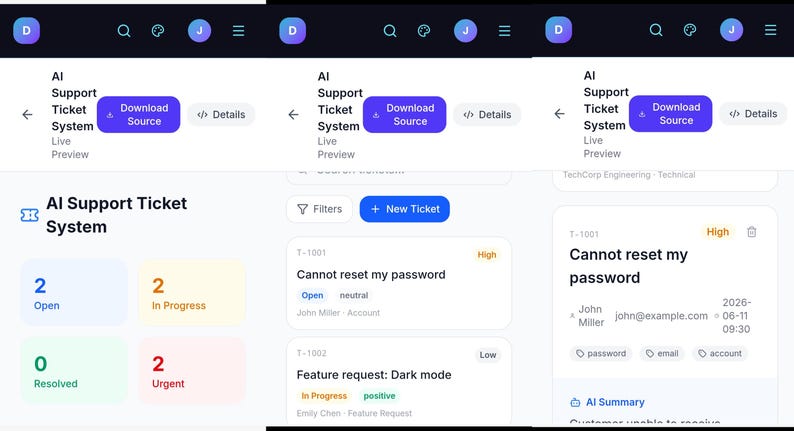 May include: A digital interface for an AI Support Ticket System featuring a dashboard with status counts for open, in progress, resolved, and urgent tickets. The layout includes a list of support requests, ticket details, and an AI summary section.