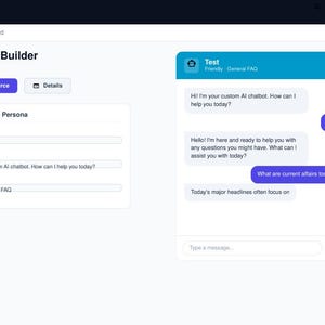 May include: An AI Chatbot Builder interface displaying a configuration panel with fields for Bot Name, Greeting Message, and Personality Type, alongside a live chat preview window showing a conversation with a bot named Test in a blue header.