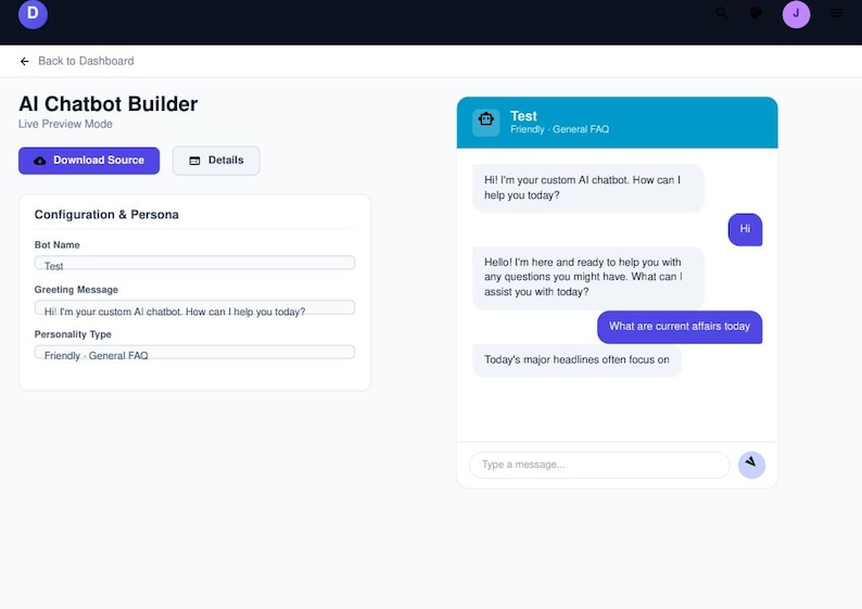 May include: An AI Chatbot Builder interface displaying a configuration panel with fields for Bot Name, Greeting Message, and Personality Type, alongside a live chat preview window showing a conversation with a bot named Test in a blue header.