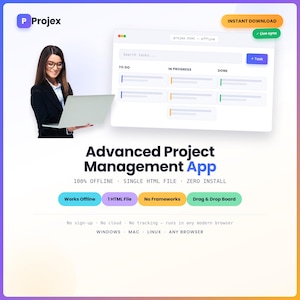 Applicazione di gestione progetti Projex / Lavagna Kanban offline, singolo file HTML (download digitale)