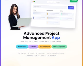 Projex Project Management App | Offline Kanban Board, Single HTML File (Digital Download)