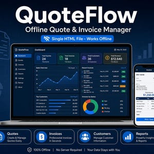 May include: A laptop and smartphone displaying the QuoteFlow dashboard, an offline quote and invoice manager. The dark-themed interface shows sales charts, customer data, and invoice lists. Text includes QuoteFlow, Single HTML File, and invoice details.