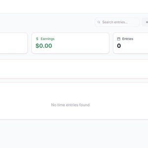 May include: A digital time tracker dashboard interface featuring a header with the text Time Tracker, a search bar, a project button, and an entry button. It displays summary boxes for total hours, earnings, and entries, plus sections for projects and time entries.